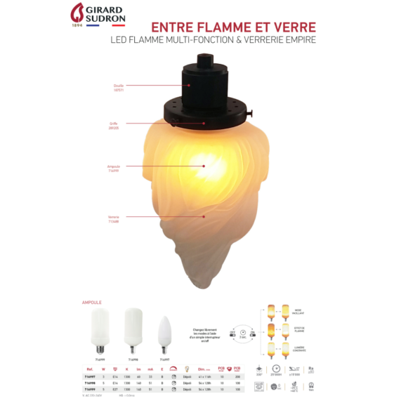 Ampoule flamme LED 5W E14 230V dimmable SUDRON 713511 713512