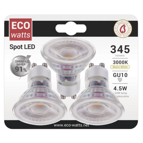 Lot de 3 ampoules spot + 1 gratuite, culot GU10, 5W cons. et 50W